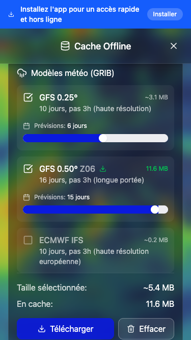 Sélection des modèles météo et jours de prévisions