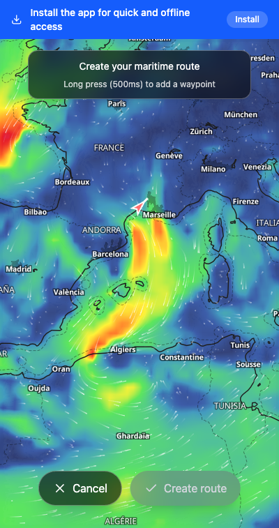 Route creation mode activated