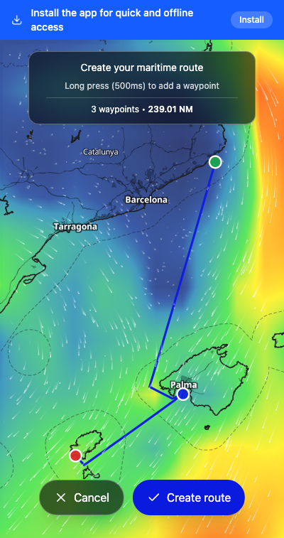 Route with 3 waypoints drawn on map