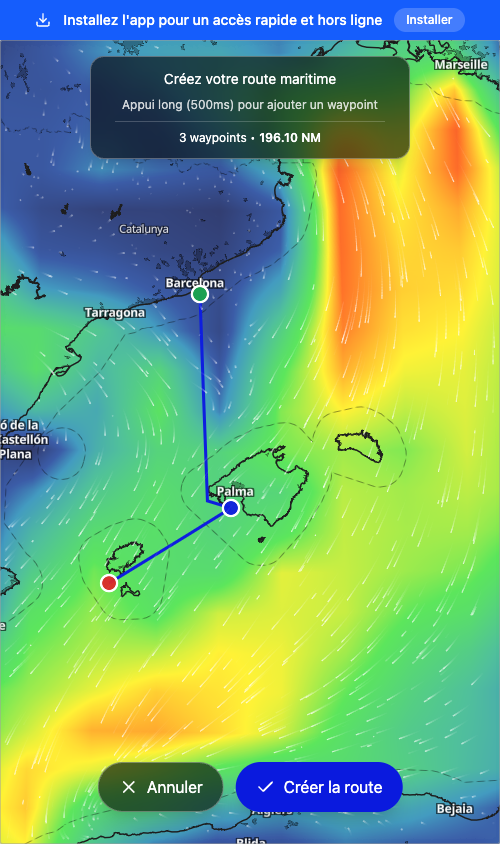 Route avec 3 waypoints tracée sur la carte