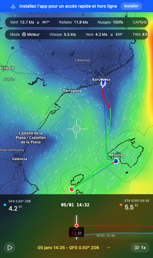 Résultat du routage météo avec isochrones